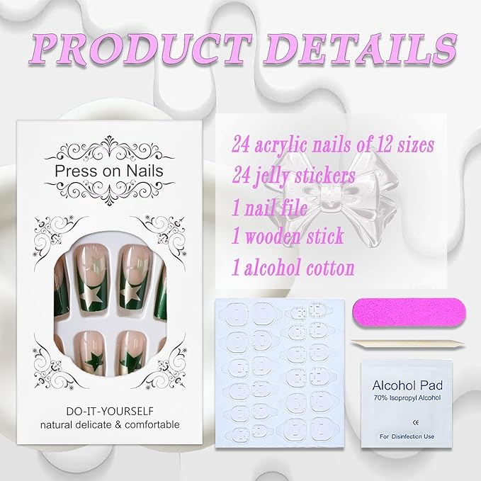 Press on Nails Long Square Sliver French Tip Fake Nails Glitter Full Cover False Nails with Green Stars Designs Glossy False Nails with Nail Glue Artificial Acrylic Nails for Women Girls 24 Pcs