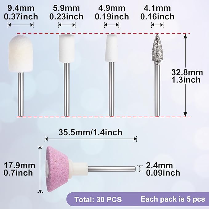 ANCIRS 30 Pcs Nail File Replacement Head Refills Set, Nail Drill Bits for Finishing Salon Electronic Manicure, Nail Manicure Pedicure Tools (5 Styles)