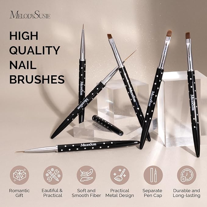 MelodySusie 6pcs Nail Art Brushes Set, Professional Pen Nail Gel Brush, Nail Extension and Builder Brush, Liner Brush 3 Sizes, Fashion Design for Home DIY Salon Use, Black