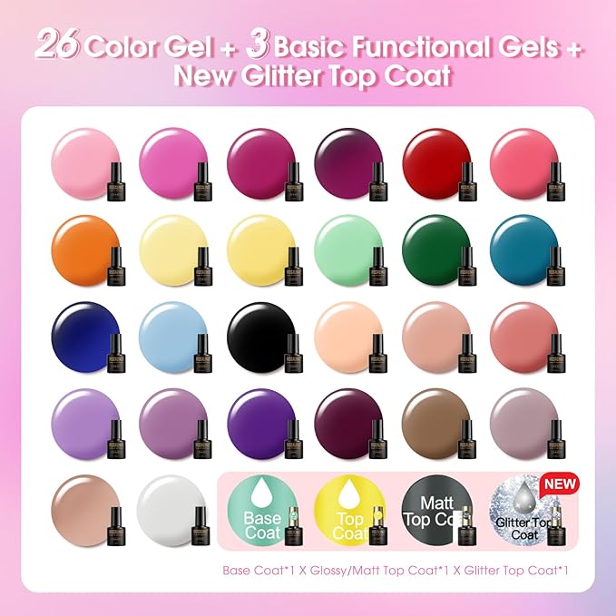 ROSALIND 30pcs Gel Nail Polish Set, 26 Colors Gel Polish with 3Pcs Glossy Matte Glitter Top Coat and Base Coat All Seasons Nude Blue Red Gel Nails art Kit DIY Salon at Home