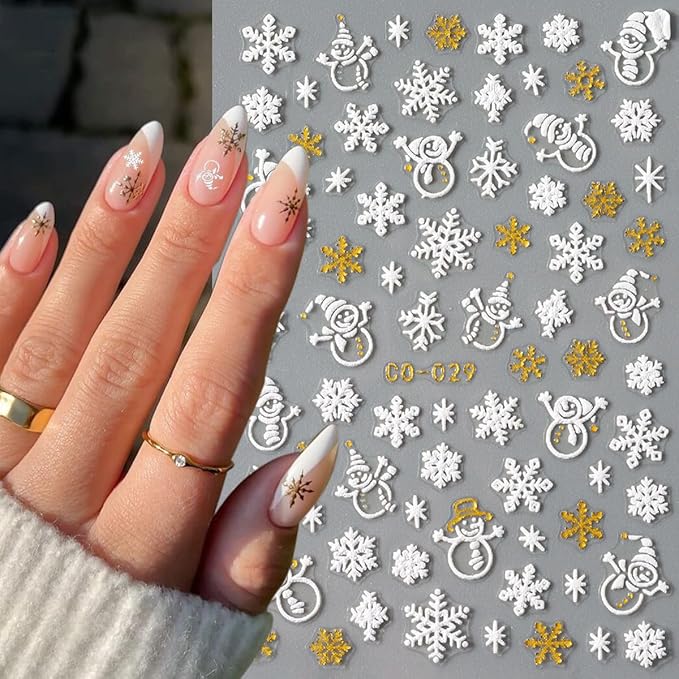 12 Sheets White Snowflakes Nail Art Stickers Decals, Pegatinas Uñas 3D Self-Adhesive Christmas Gold Snowman Elk Xmas Winter Nail Decals, Zoance Nail Art Design Decoration Accessories for Acrylic Nail