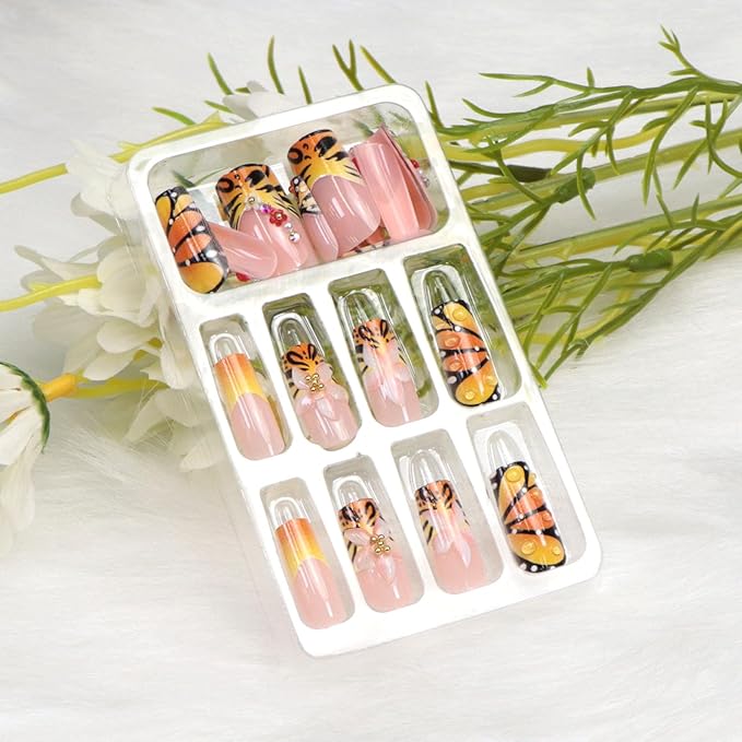 Butterfly Press on Nails Medium Long Square Fake Nails with Butterfly Charm Flower Designs French Tip Glue on Nails Press ons Acrylic Glossy Full Cover Stick on Nail for Women 24 Pcs