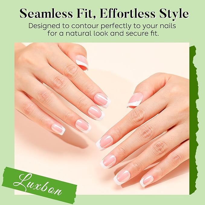 Luxbon Press On Nails Short Square with No-Cure Nail Glue and Tool Kit – French Glue On Nails 25-30pcs Full Size Set, Soft Gel Nail Tips Reusable Fake Nails for Women, Chrome White