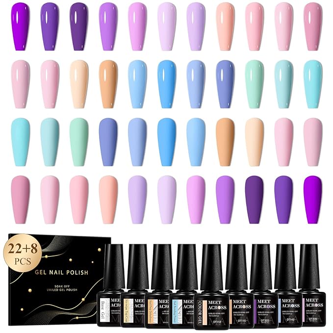 MEET ACROSS 30Pcs Nude Gel Polish 22 Colors Gel Nail Polish Set Pink Purple Sky Blue Bright Series Soak Off UV/LED Manicure Kit for Women