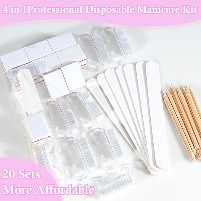 20 Sets Disposable Manicure Kit Basics 4 Piece Nail Kit for Travel,Handle Grip Brush,Mini Nail Buffer Nail File and Wood Stick for Gifts Salon Home Professional(20 Set -White)
