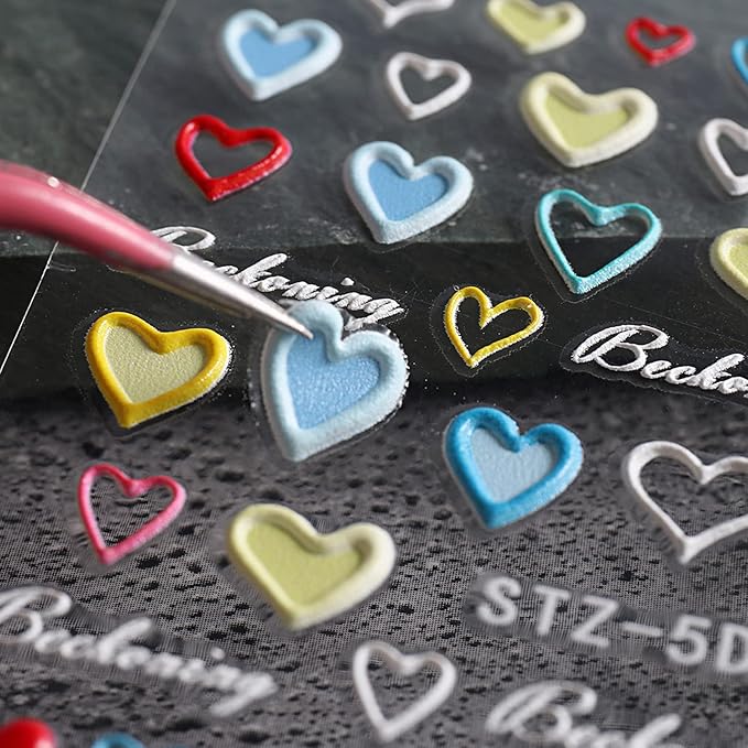 4 Sheets Valentine's Day Nail Art Sticker Decals, 5D Heart Embossed Self-Adhesive Nail Art Decoration Supplies Accessories for Women Girl