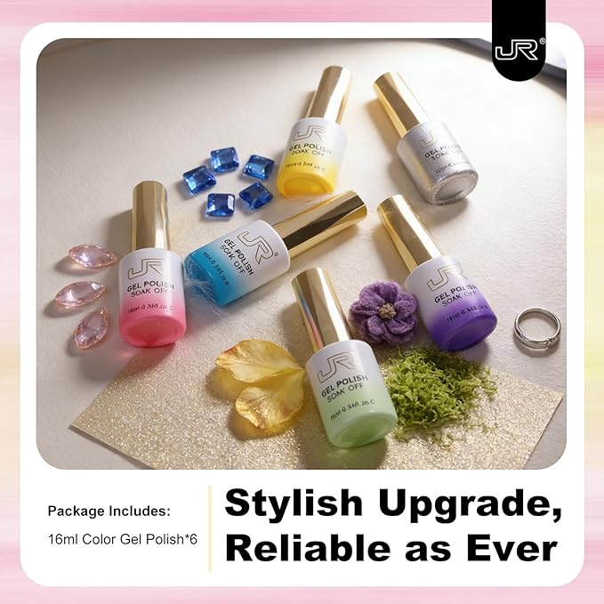 JR Jelly Gel Nail Polish Set, 16ml Full Size Bottle 6 Colors Jelly Yellow Blue Green Silver 9D Cateye Nail Gel Polish Gift Soak Off Led Nail Art Kit Salon DIY Colorful Bottle D