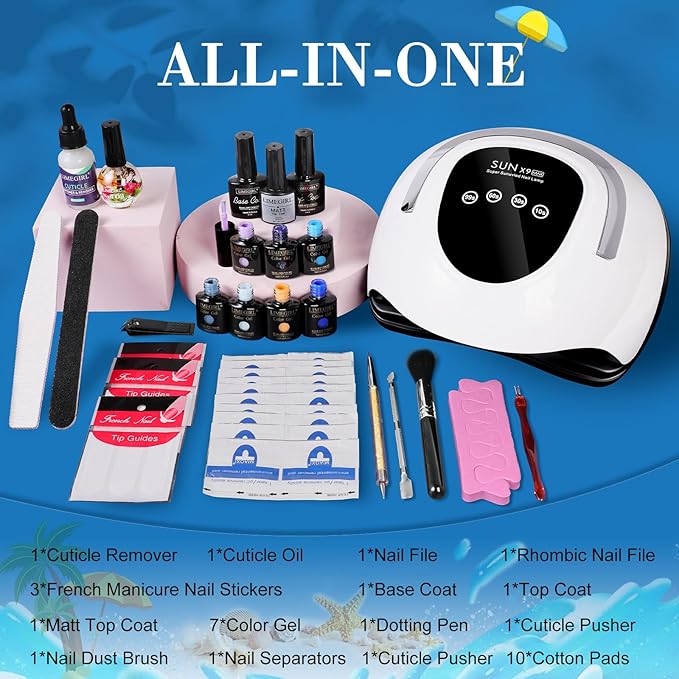 LimeGirl Gel Nail Polish Kit with U V Light, 23PCS Starter Kit with 7 Colors, Royal Blue/Glitter Navy Blue/Purple/Sunset Orange Seaside Color Collection, Salon-Grade LED Nail Lamp & Gel Polish Set