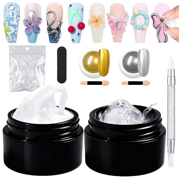 3D Sculpting Gel Kit - 15g Clear and White Non-Sticky Hand Solid Builder Nail Carving Gel with Gold Sliver Nail Chrome Powder DIY Salon