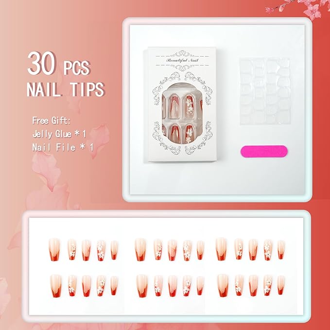 Square Press on Nails Long Fake Nails Red Artificial Nail Seeneey Floral Designs French Stick on Nail for Women 24pcs