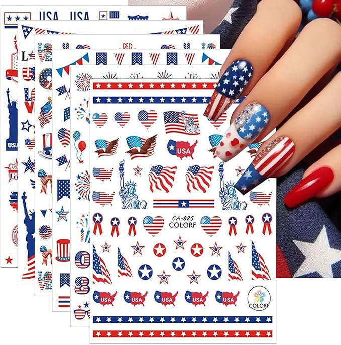 6Pcs Independence Day Nail Stickers for Nail Art - Celebrate 4th of July Nail Decals 3D Self-Adhesive USA Flags Heart Star Bow Eagle Design Firework Sticker for Memorial Day DIY Patriotic Nail Decor