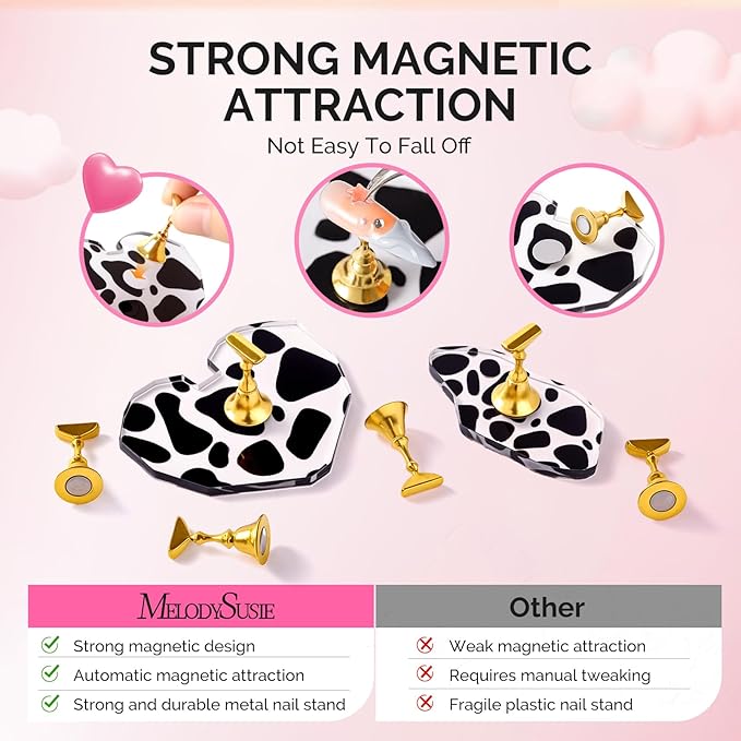 MelodySusie Nail Stand for Press Ons, Heart and Spotted Cloud Shape Magnetic Base for Painting Display Holder and Reusable Double-Sided Tape for Home DIY Salon Supplies
