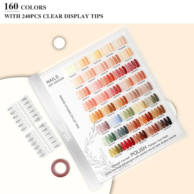 160 Nail Color Display,Nail Art Sample Chart Acrylic Gel Polish Rack,Nail Polish Display with 240pcs Nail Color Display Tips,Nail Color Swatches Perfect for Nail Salon & Home Use