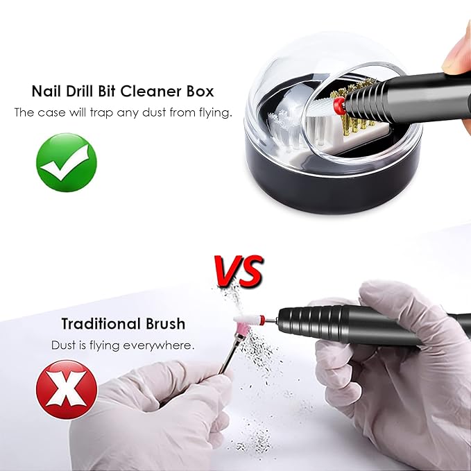 Nail Drill Bits Cuticle Cleaning Tool with Brush Cover Cleaner Case, 2-in-1 Steel Wire Brush & Nylon Brush, Acrylic Nail Tool for Carbide/Ceramic Nail Drill Bits - Black