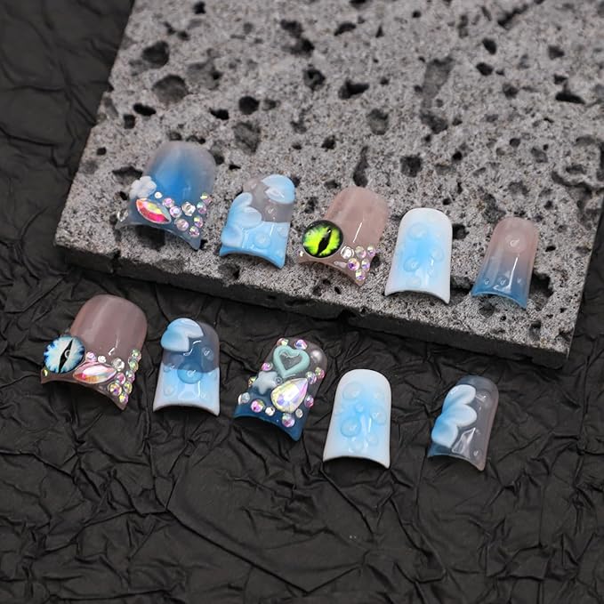 Handmade Nails Thick Press on Nails Medium Duck Nails Blue Fake Nails with Gem Design Reusable Acrylic Nails with Glue 3D Flower Art Nature Stick on Nail Luxury False Nails for Wome (Size M)