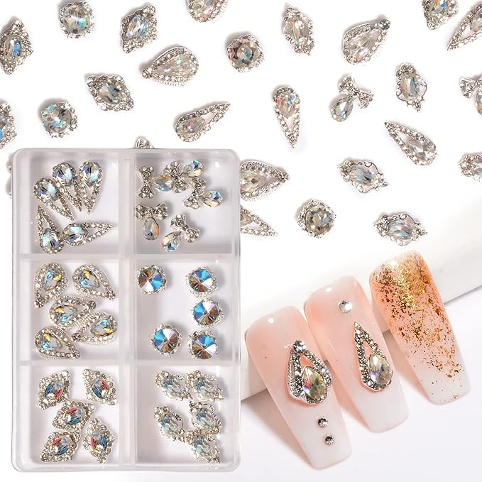 30Pcs Nail Crystal AB Rhinestones 3D Nail Charms Rhinestones Glass Metal Gems Jewels Nail Diamonds Nail Charms for Girl Women DIY Nail Art Craft Decoration