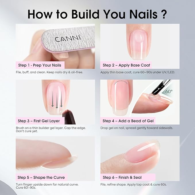 CANNI 6 Pcs 9 Ml Clear Quick Builder Nail Gel Polish Set- Milky White Neutral Nude Pink Colors Builder for Nails Strengthener Gel Thickening Extension for Beginners DIY Home Salon Manicure
