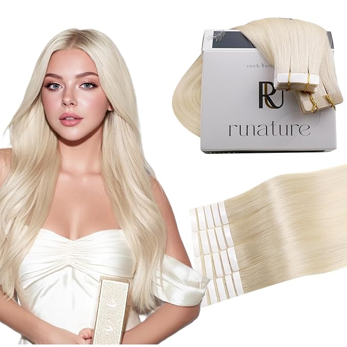 RUNATURE Blonde Tape in Hair Extensions Human Hair, 10 Inch Short Real Human Hair Tape in Extensions, Icy Blonde Hair Extensions Tape Ins, Seamless Remy Human Hair, 30g 20pcs