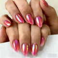 Chrome Hot Pink Press on Nails Short Almond, Glazed Cute Fake Nails with Sparkle Mirror Design, Shiny Glitter Glue on Nails Stiletto, Gel Nail Press ons with Glue for Fingernail 30 Pcs, Fushia