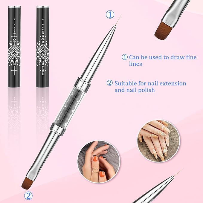 2 Pcs Nail Builder Gel Brush Double Ended, French Tip Liner Brush Black Nail Design Brushs with Rhinestone Handle Nails Drawing Brushes Nail-Liner Brushes for Design UV Hard Gel Nails