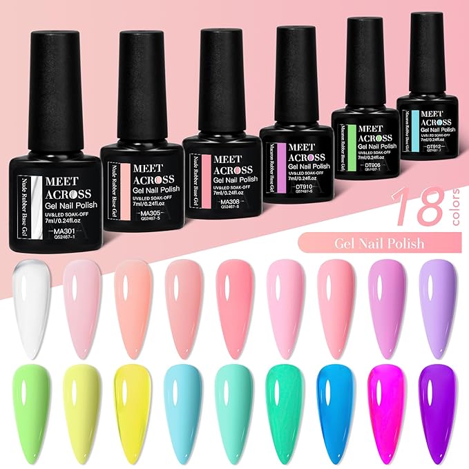 MEET ACROSS 18Pcs Nude Rubber Base Gel for Nails Pink Purple 2 IN 1Rubber Base Gel Set Manicure Gift