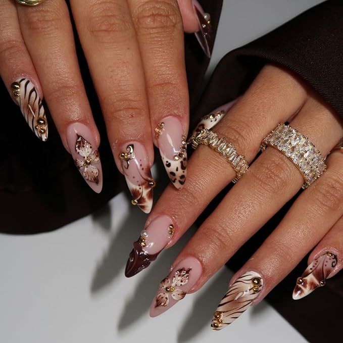 Long Press on Nails Almond Fake Nails Flowers Artificial Nail Leopard and Sparkly Rhinestones Stick on Nail for Women 24pcs