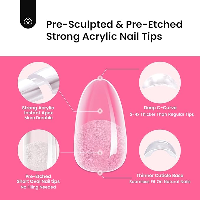 Beetles Tipex Instant Apex Nail Tips Kit, Oval Short 224Pcs 16 Sizes Pre-Building & Pre-Etched Thicker Acrylic Nails False Nail Extension with Tipex Uv Nail Glue Mini Nail Lamp