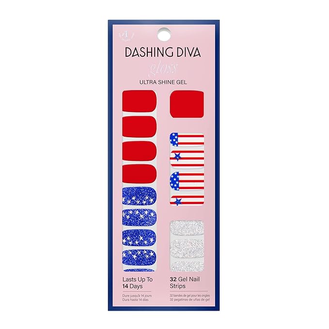 Dashing Diva Patriotic Gloss Nail Strips - National Anthem - UV Free, Chip Resistant, Long Lasting Gel Nail Stickers - 3-Piece Manicure Set - Contains 32 Wraps, 1 Prep Pad, 1 File