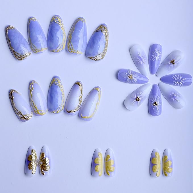 Press on Nails Almond Medium - Lavender Purple 3D Flower Fake Nails with Gold Designs, 24Pcs Glossy Glue on Nails for Women, 15-Min DIY Home Manicure Kit for Party & Events