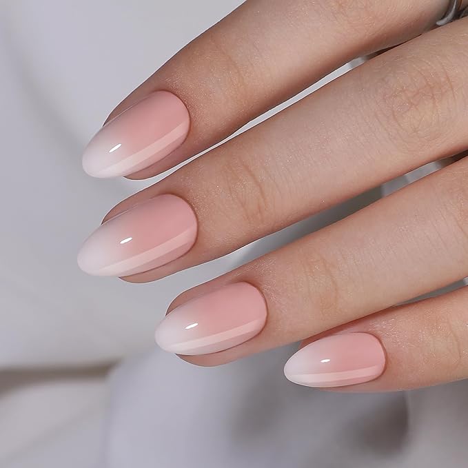 Gel Press On Nails - Short White Ombre, Almond Shape, Artificial Nails - 16 Sizes, 32pc Reusable Kit