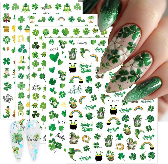 6 Sheets St. Patrick's Day Nail Art Stickers 3D Self Adhesive Green Shamrock Nails Stickers Rainbow Golden Jar Coin Design Irish Nail Decals Nails Art Supply for St. Patricks Day Manicure Decoration