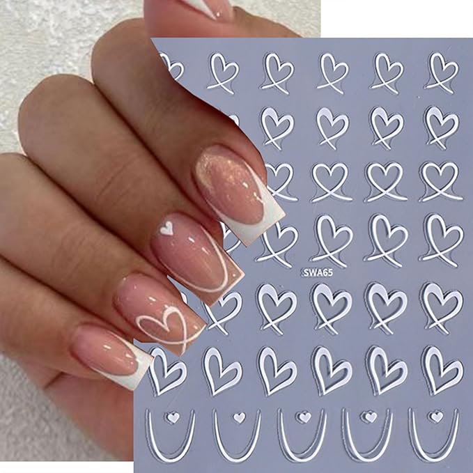 8 Sheets Valentines Nail Art Stickers 3D Self-Adhesive Heart Nail Decals Romantic Black Pink Heart Nail Stickers Design Holiday DIY Manicure Decorations for Women