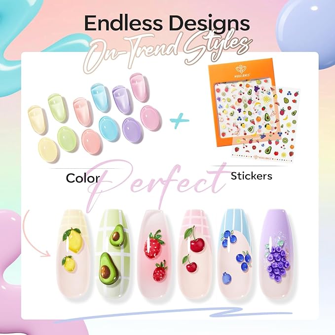 modelones Pastel Gel Nail Polish Set, Hema Free Macaron Gel Polish Set Light Pink Pastel Yellow Purple Baby Blue Green 6 Colors 2026 Spring Easter Nails with Fruit Theme Stickers LED Mani Gift