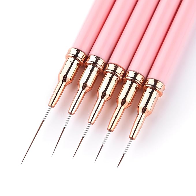 Nail Art Liner Brushes with Nail Brush Holder 5Pcs Striping Brushes Gel Polish Painting Art Design Pen Set for Fine Drawing (Pink)