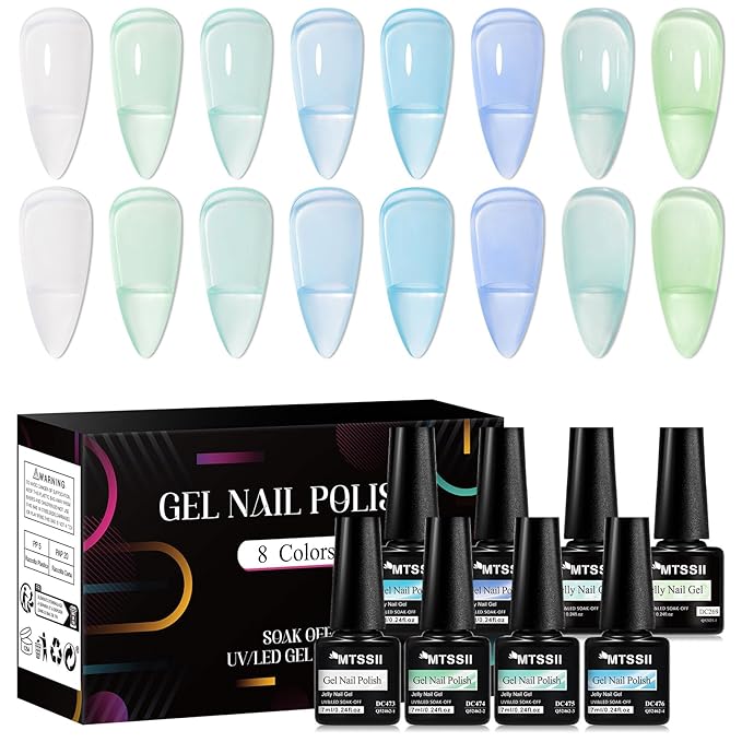 MTSSII Jelly Green Blue Gel Nail Polish Set, 8 Transparent Sage Green Baby Blue Gel Polish Matcha Avocado Soak Off Nail Art Design Home Manicure Kit Gifts