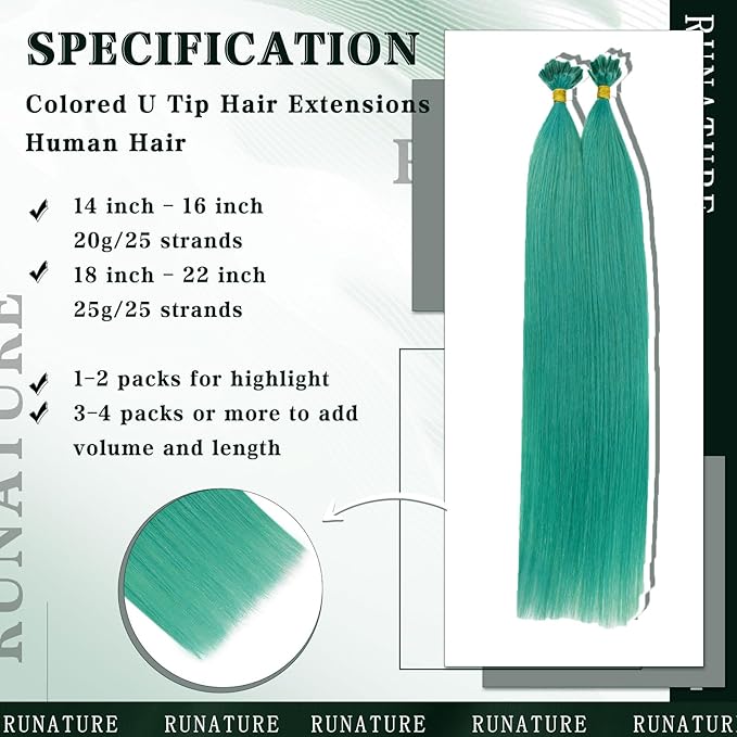 RUNATURE 22 Inch U Tip Hair Extensions Human Hair Teal Hair Extensions for Long Hair Highlights Party Invisible Utip Human Hair Extensions Keratin Tip Remy Hair 25g 25s