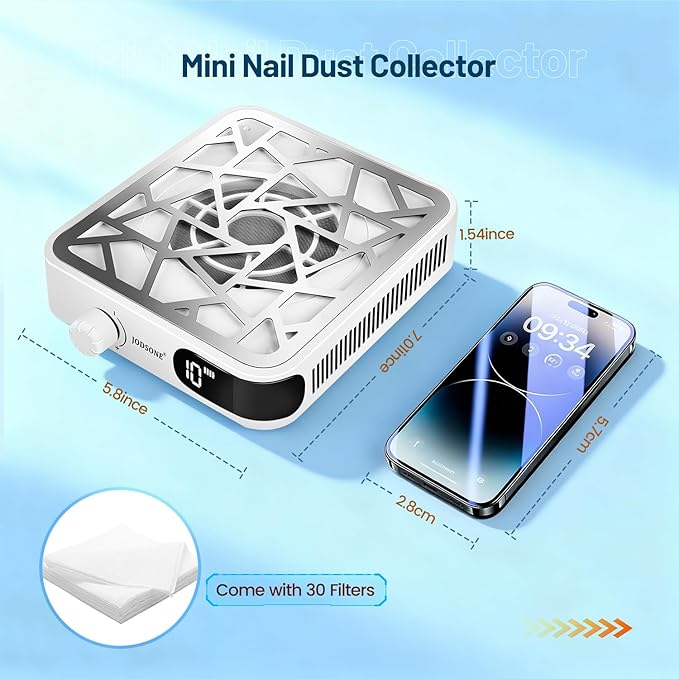 JODSONE Mini 6000RPM Cordless Nail Dust Collector with 30 Filters Low Noise 10-Speed Adjustment Rechargeable Portable for Acrylic Nail Polishing Nail Salon Professional Use