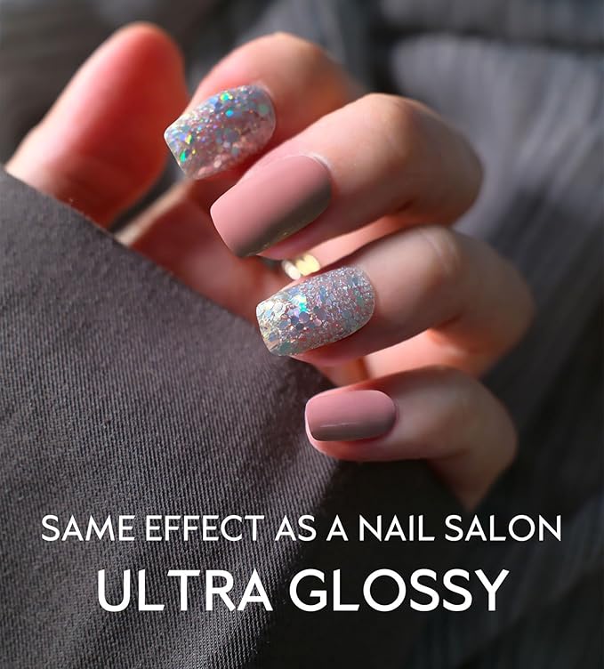 Semi Cured Gel Nail Strips - UV Light Gel Nail Stickers - 20 Long Lasting Salon Quality Wraps (Pink Peony Glitter)