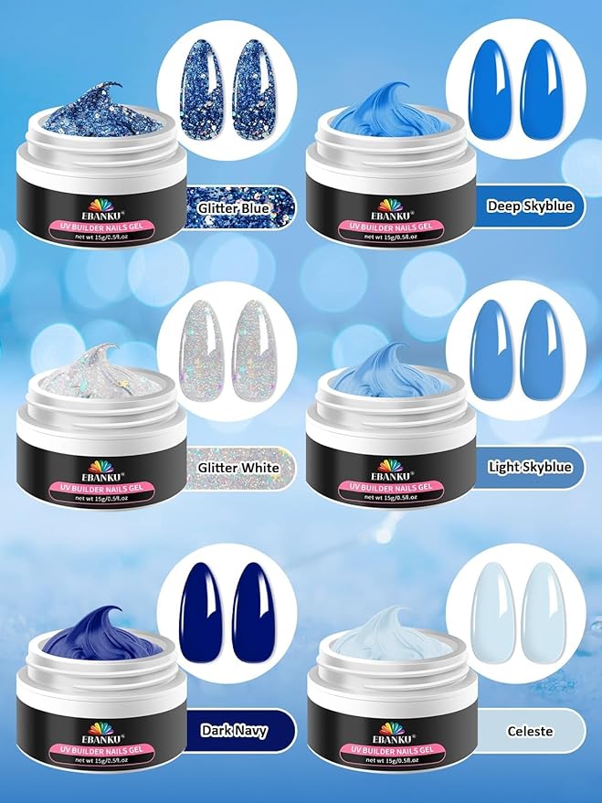Christmas Solid Builder Gel Kit, EABNKU 6 Colors Solid Builder Gel for Nails Blue Collection Glitter Non Sticky Nail Extension 3D Sculpting for Winter Nail Starter Kit 15g*6 (3 OZ)