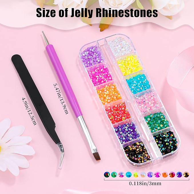 3D Mini Small Metal Stainless Steel Caviar Nail Beads Balls, 0.8-3mm Gold Silver Alloy Nail Art Chain Charms Studs with Tweezers and Dual-end Brush (9-K1-3mm-jelly)
