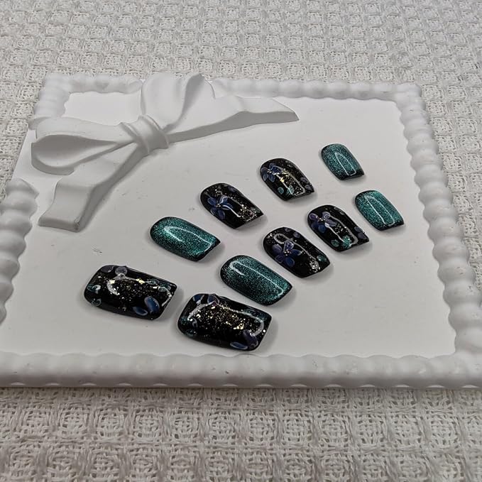 Handmade Nails Square Shape Cool Chic Style Black Base Blue Floral Patterns Glitter Embellishments Smooth Glossy Surface Fashion Manicure Easy Wear Press on Nails 10 pcs (S)