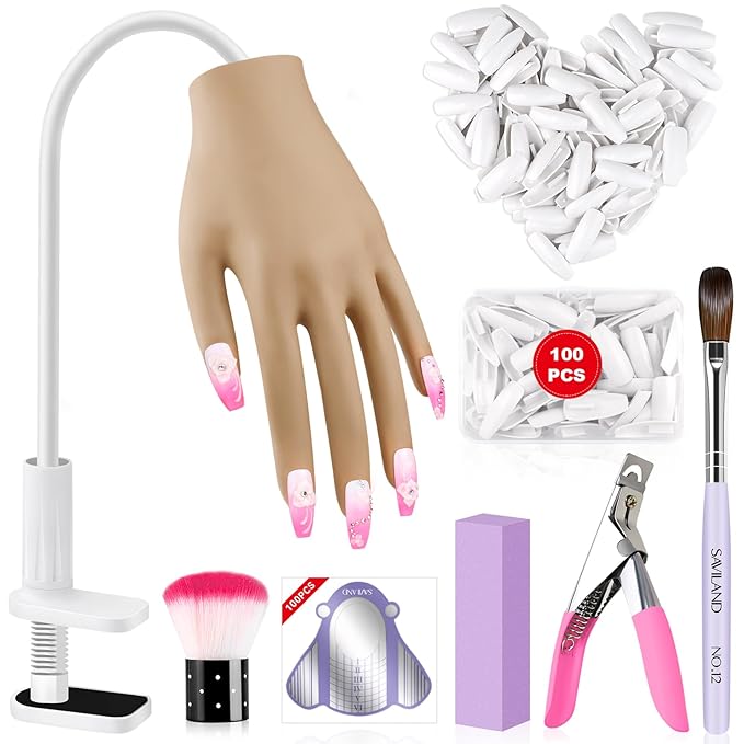 Saviland Silicone Practice Hand for Acrylic Nails, Upgraded Flexible Moveable Fake Hands with No Breaking or Falling, Manicure Training Hand Nail Kit with 100PCS Nails Tips Home Salon Holiday Gift