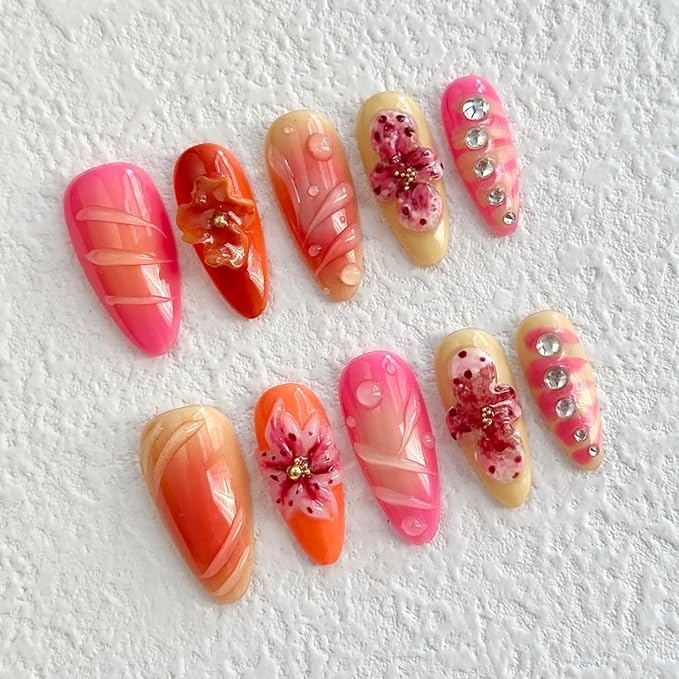 Luxury Press on Nails Medium Almond Handmade 3D Unique Reusable ABS Material Fake Nails Tropical False Nails with Designs Rhinestones Flower Art Petal Glossy Glue on Nails Thick Acrylic Nails(M)