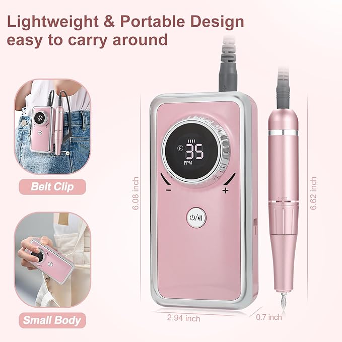 Electric Nail Drill Professional, 35000RPM Portable Efile Nail Drill with 11Pcs Nail Drill Bits, Rechargeable Nail Drill Machine with LCD Display for Acrylic Nail Remove Gel Polish for Home Salon Use