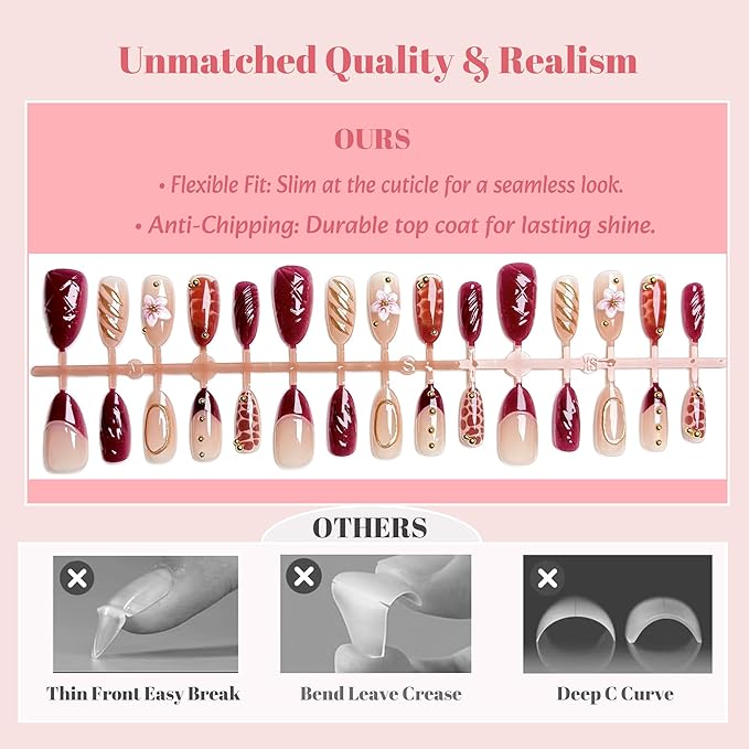 Press on Nails Medium Almond French Tip, 30 Pcs Handmade 3D Flowers Gold Lines Embossed Designs, Glossy Nude Fake Nails, Reusable Glue On Nails, Full Cover Acrylic Nails for Women Brown