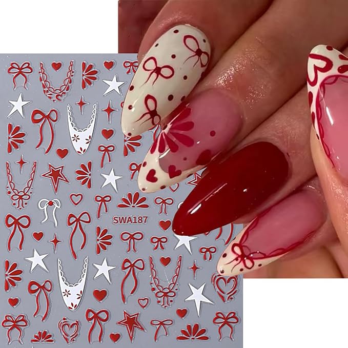 6 Sheets Valentines Day Nail Art Stickers French Tip Nail Stickers Black Red French Tip with Heart Dot Bow Tie Self-Adhesive Design Cute Nail Decals Decorations for Women Acrylic Manicure Salon Tips