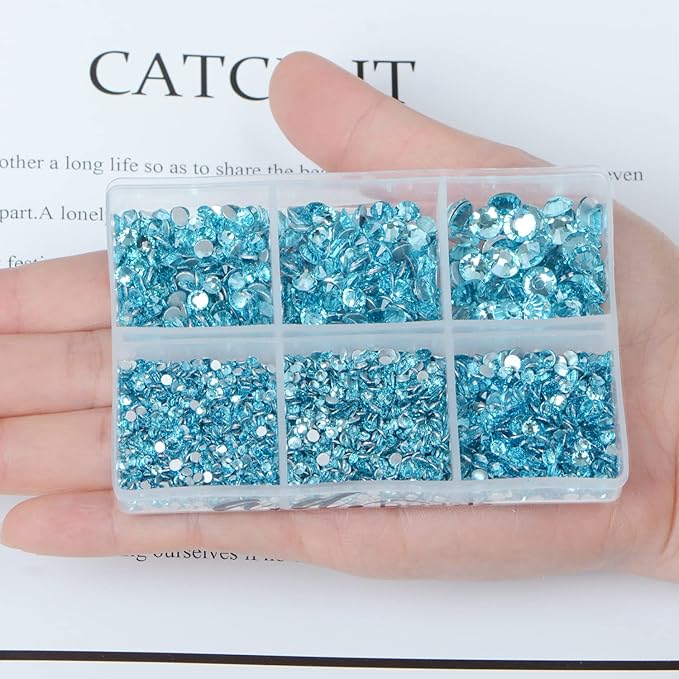 AD Beads 4300 Pieces Flat Back Nail Art Rhinestones Round Beads 6 Sizes (2-6.5mm) with Storage Organizer Box,Rhinestones Picking Pen for Nail Art Phone Decorations Crafts DIY (Aquamarine)