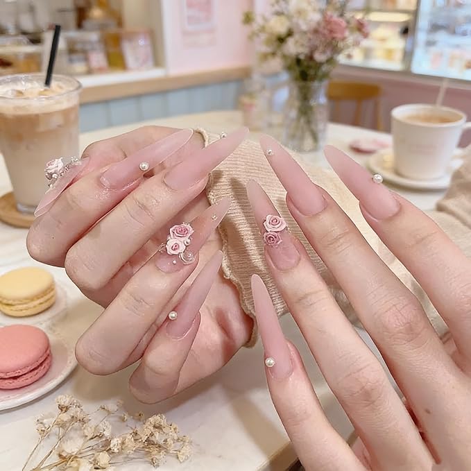 24PCS Long Stiletto Press On Nails-Matte Nude Pink Fake Nails with 3D Resin Rose Flower & Pwarl Acctents, Reusable Artifical Nail Tips for Women,Perfect for Wedding,Prom&Romantic Occasions