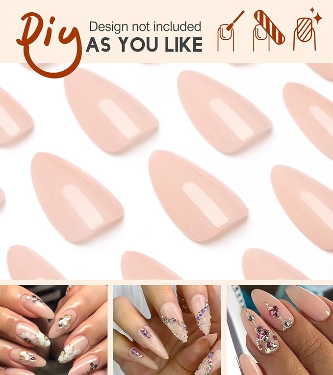Morily Press on Nails Medium - Nude Almond Fake Nails Solid Color Pink Glossy False Fingernails in 15 Sizes, Long Stick on Nails for Women - 30Pcs