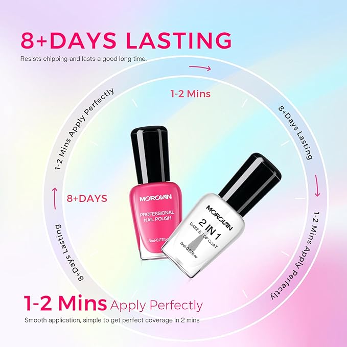 Morovan Nail Polish Set Fingernail: 2026 Nail Gift 30PC Glitter Bright Air Quick Dry Nail Polish Kit with 2-in-1 Base Top Coat Regular Pack Finger Nail Art Gift for Women Girls